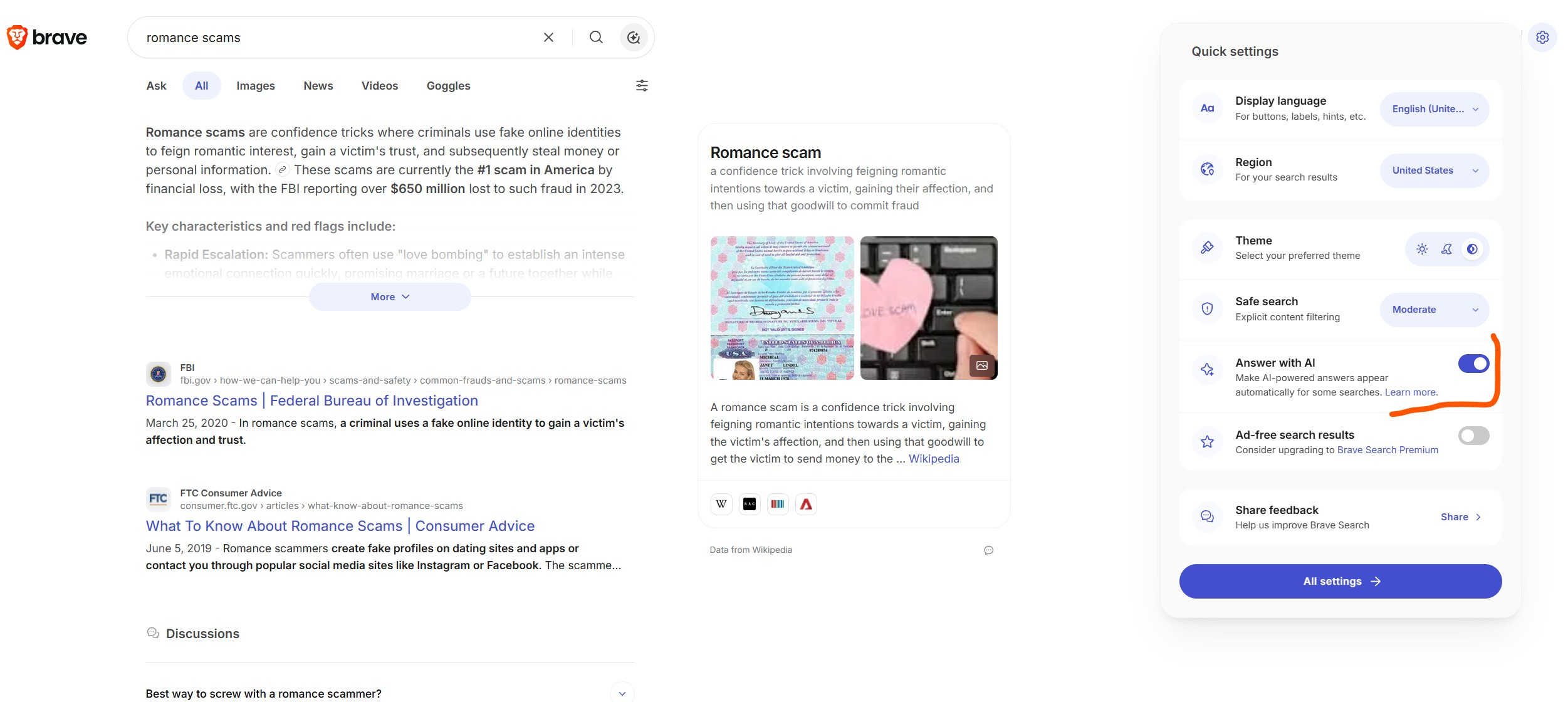 Browser settings panel with a clear AI answer toggle and source-first mode switch