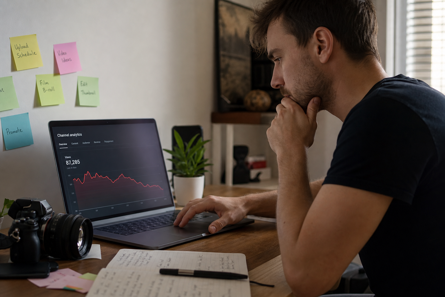 Independent creator desk with analytics chart showing falling discovery traffic