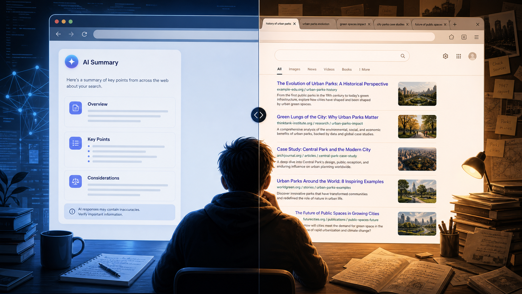 A split-screen browser interface showing AI answer mode versus web search mode with many source tabs