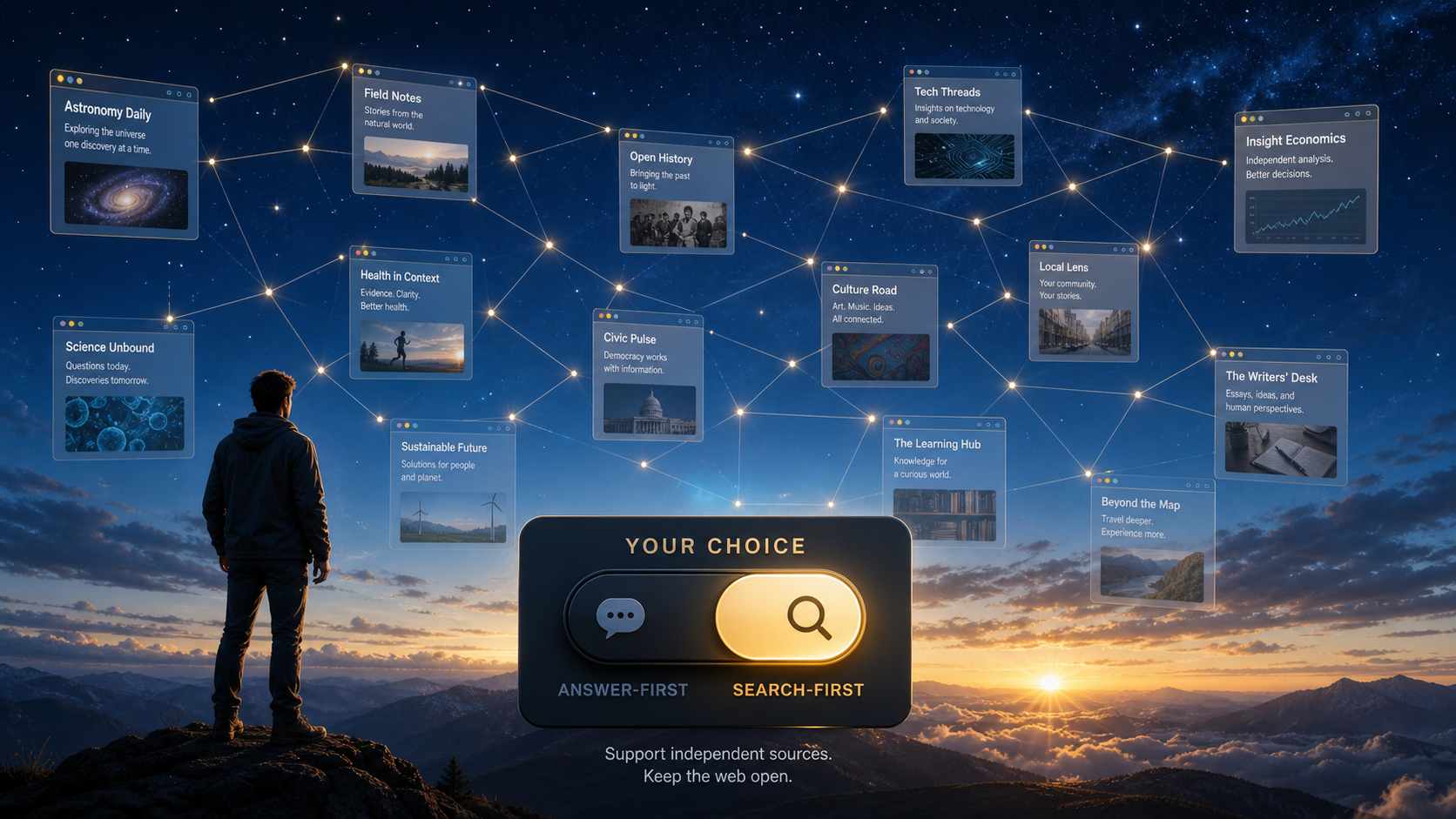 Open web represented as interconnected independent websites with a central user-controlled toggle