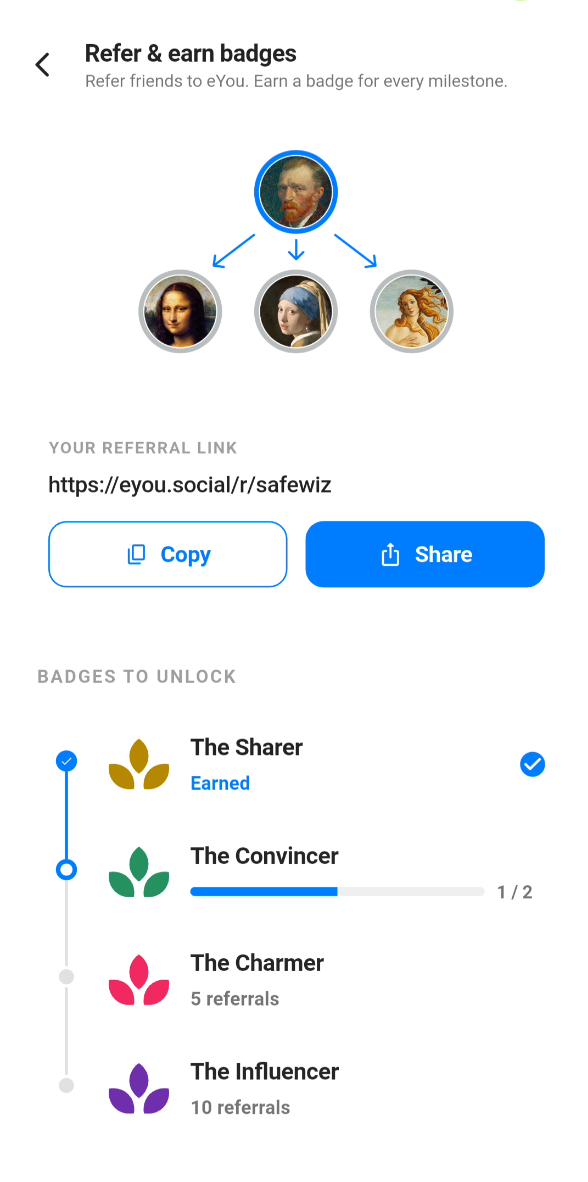 eYou-Bildschirm Refer and earn badges mit Referral-Link und Abzeichen-Leiter