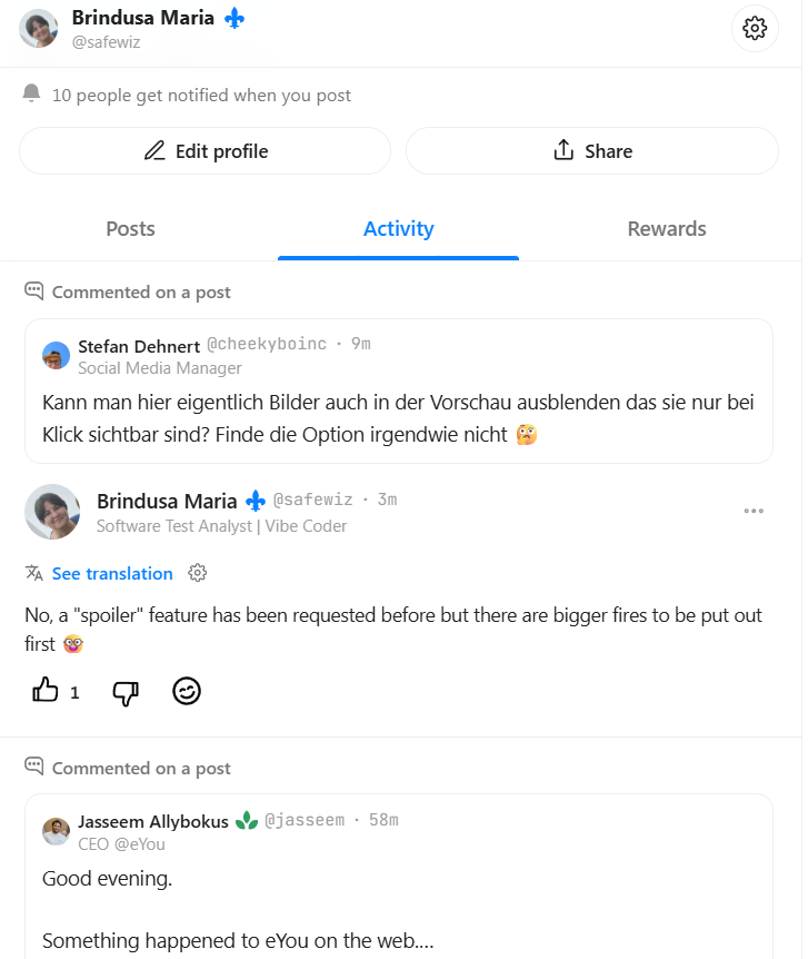 Activity tab in the Profile menu