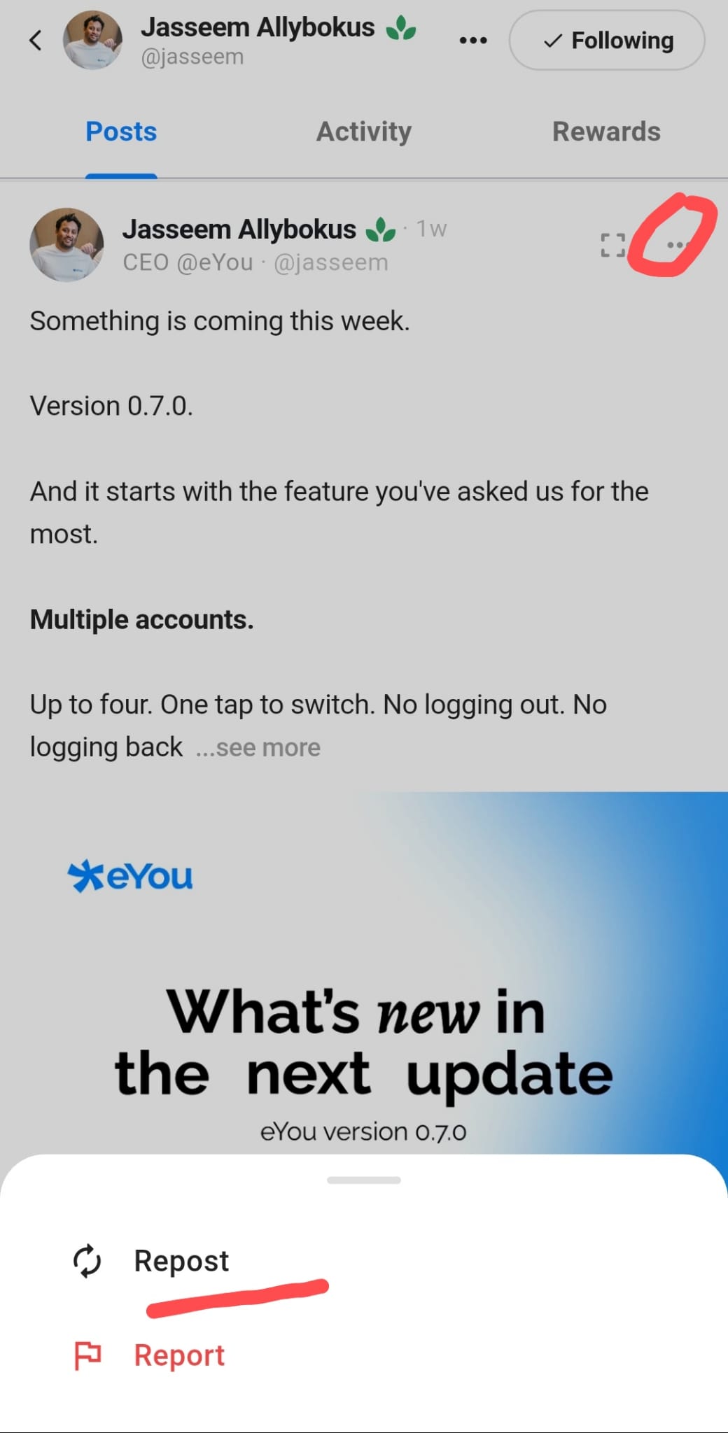 Das Repost-Menü in der eYou-App, mit den Optionen Repost und Repost mit deinen Gedanken