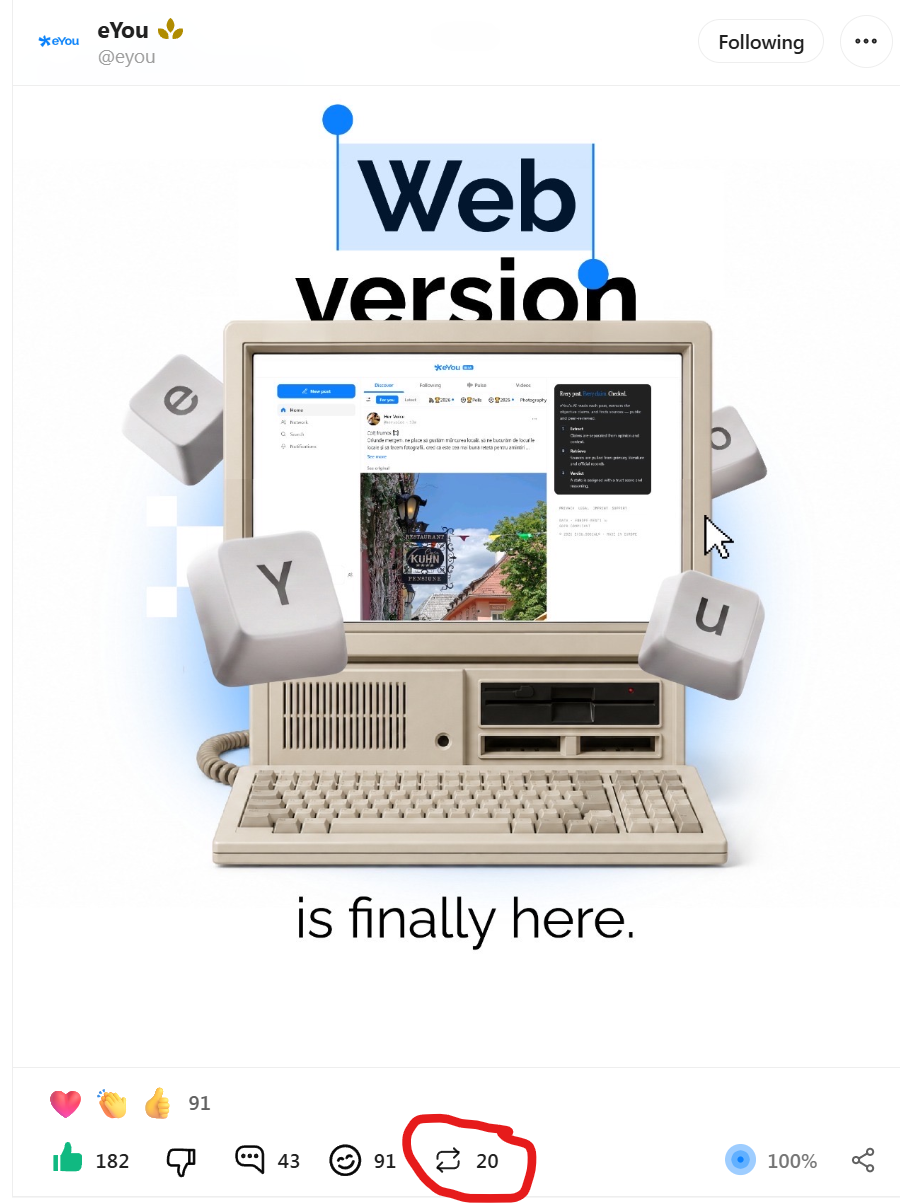 The Repost menu in the eYou web app, with Repost and Repost with your thoughts options