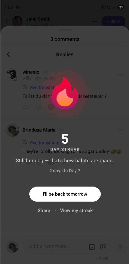 Das Success-Streak-Overlay in der eYou-App, das den gesicherten Streak-Tag bestätigt