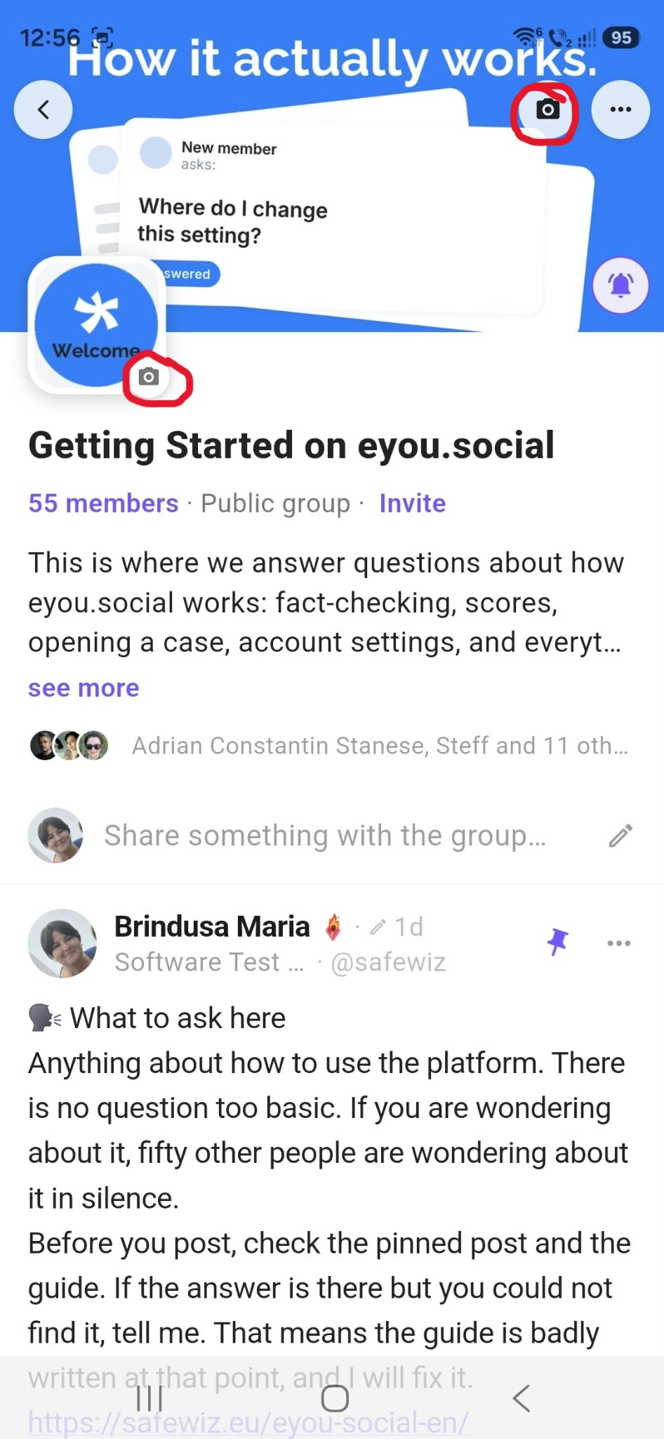 Eine Gruppenseite in der eYou-App, zeigt ihre Hülle und ihre Postungen