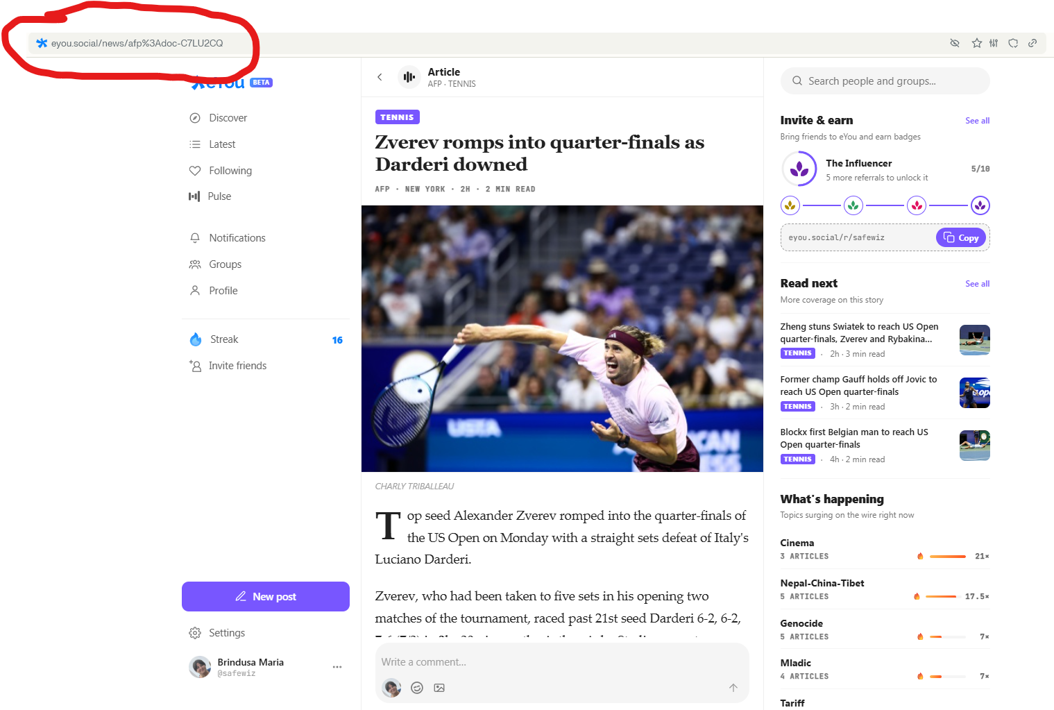 A Pulse news article on the eYou web app, shown with its own URL in the browser address bar