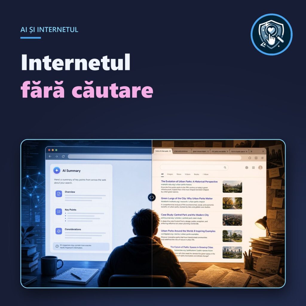 Copertă: Internetul fără căutare, un rezumat AI lângă rezultatele clasice de căutare