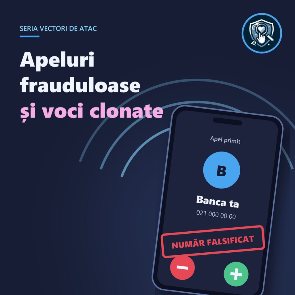 Copertă: apeluri frauduloase și voci clonate, telefon cu apel de la „Banca ta” și eticheta „Număr falsificat”