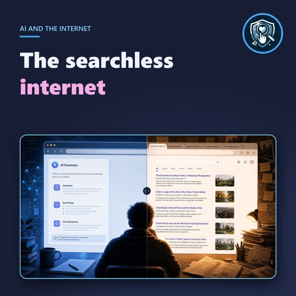 Cover: The searchless internet, an AI summary next to classic search results