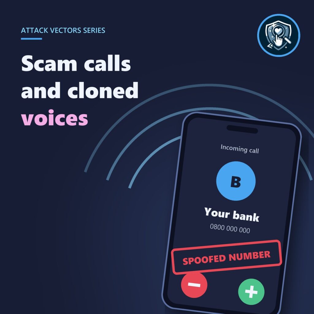 Cover: scam calls and cloned voices, a phone showing a call from “Your bank” labelled “Spoofed number”