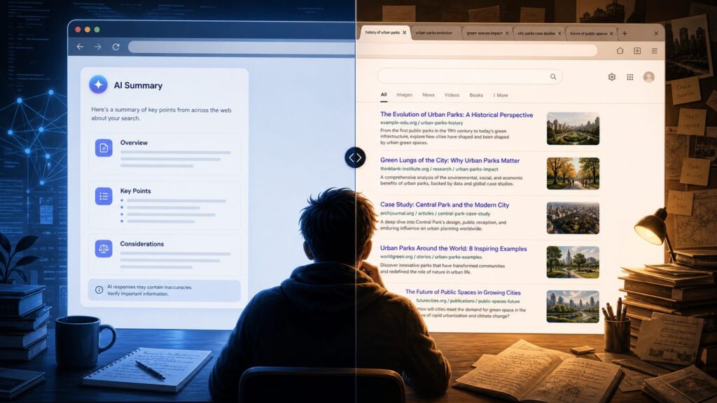 Split browser window: an AI answer on one side, search results with many sources on the other